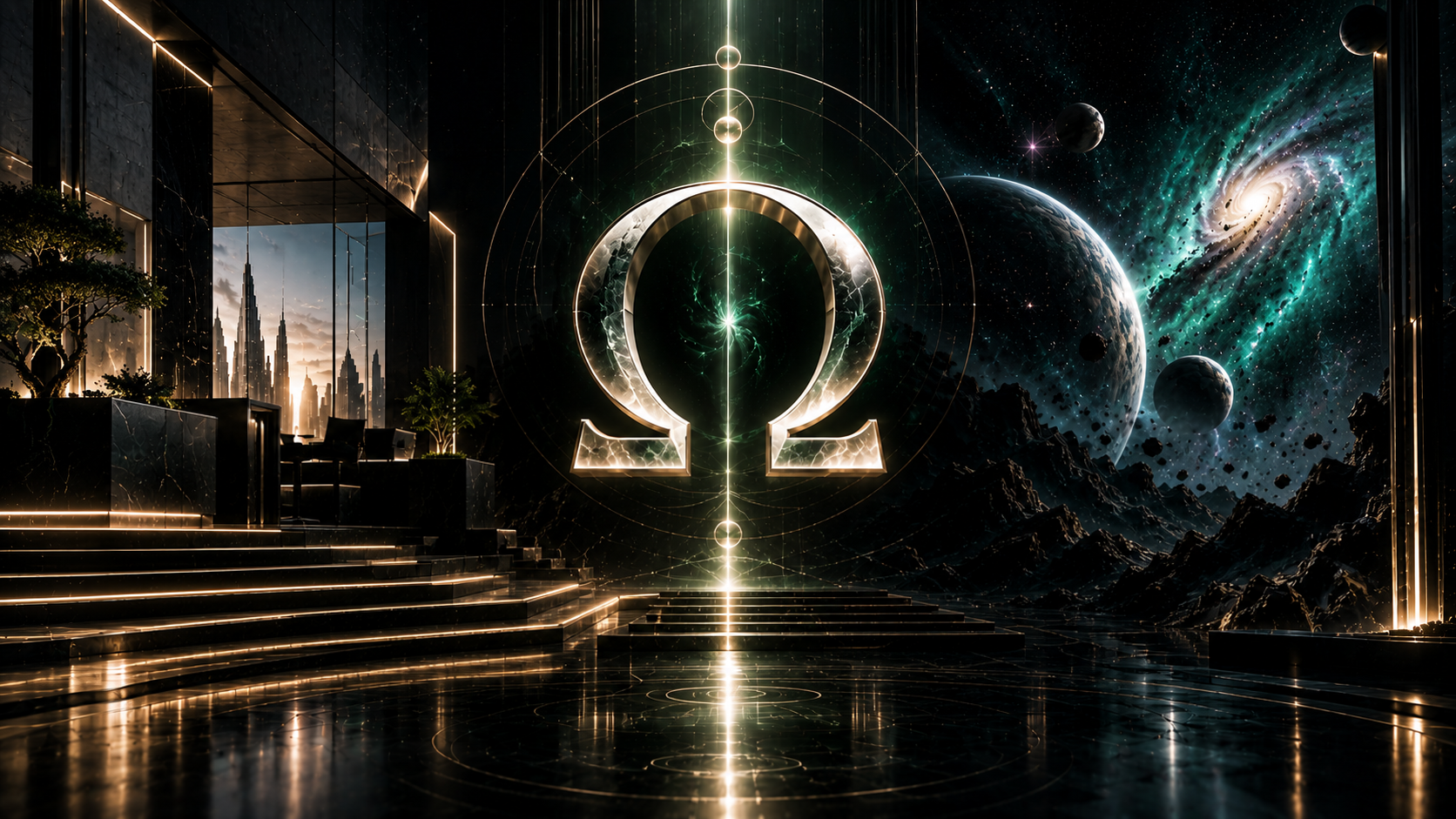 An illuminated omega divides a futuristic city and a galaxy